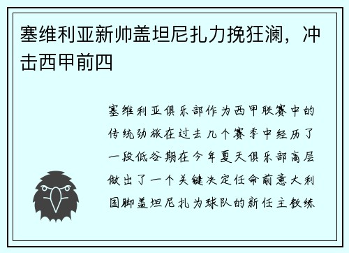 塞维利亚新帅盖坦尼扎力挽狂澜，冲击西甲前四